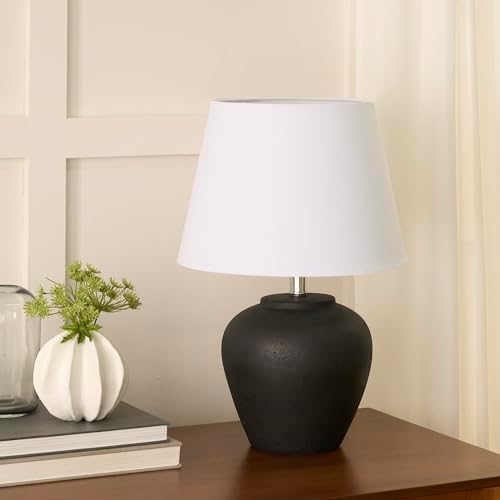 Nourison Home 20" Black Matte Ceramic Table Lamp with Fabric Shade, Bedside Nightstand Lamp for Bedroom, Living Room, Entryway by NourisonHome