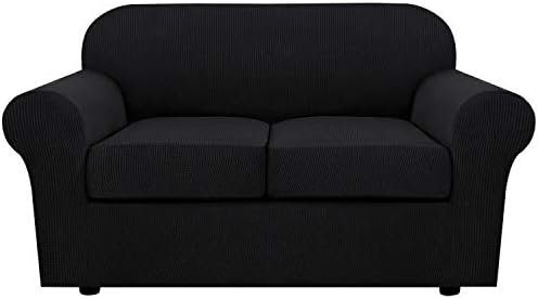 H.VERSAILTEX 3 Piece Stretch Sofa Covers for 2 Cushion Loveseat Couch Covers for Living Room Furniture Cover (Base Cover Plus 2 Seat Cushion Covers) Thicker Jacquard Fabric(Medium Sofa, Black) by HVERSAILTEX