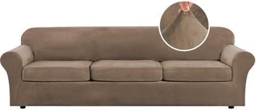 H.VERSAILTEX Modern Velvet Plush 4 Piece High Stretch Sofa Slipcover Furniture Protector Form Fit Velvet Extra Large Sofa Cover for 3 Cushion Couch Width Up to 105 Inch (XL Sofa, Mocha) by HVERSAILTEX