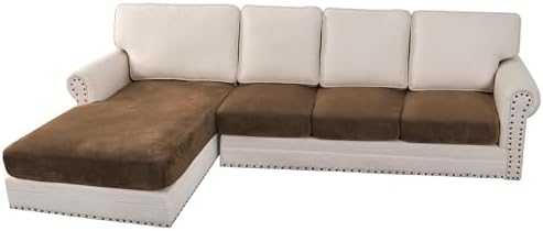 H.VERSAILTEX Velvet Stretch Sectional Couch Covers 4 Pieces Sofa Seat Cushion Covers L Shape Separate Couch Cover for Both Left/Right Sectional Couch (Large Sofa 3 Seater + 1 Chaise, Bronze Brown) by HVERSAILTEX