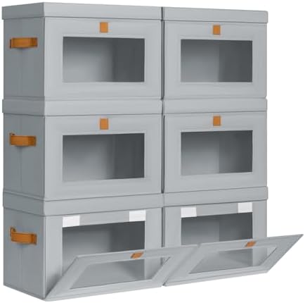 DIMJ Storage Bins with Lids - 6 Pack Front Opening Stackable Fabric Storage Boxes with Clear Window & Handles, Collapsible Closet Organizers for Clothes, Sweaters, Shelf Storage, Bedroom, Gray by DiMJ