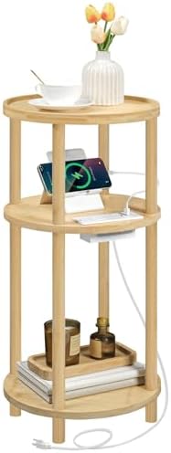 HOOBRO Small Round Side Table with Charging Station, 3-Tier Round Bamboo End Table, Compact Sofa Bedside Table for Small Space, Easy Assembly, for Living Room, Bedroom, Apartment, Natural YL152UBZ01 by HOOBRO