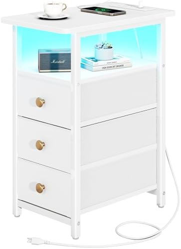 Yoobure End Table with Charging Station, LED Narrow Side Table Bedside Table, Small Night Stand End Tables Living Room, Skinny Nightstand with 3 Fabric Drawers, Side Tables Bedroom for Small Spaces by Yoobure