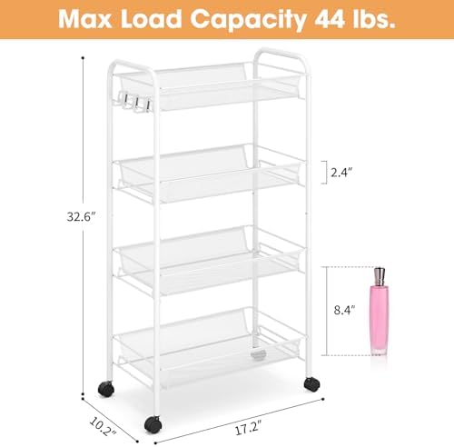 TOOLF 4 Tier Rolling Cart, Metal Utility Storage Cart with Wheels, White | 3 Hooks, Screwless Assembly, Trolley Organizer for Bathroom, Kitchen, Office, Nursery, Dorm, Laundry Room - Image 6