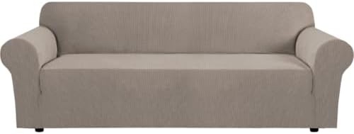 H.VERSAILTEX Stretch Couch Covers for Sofa 1 Piece Slipcovers for Couches and Sofas 3 Seater Couch Cover Feature Thick Checked Jacquard Fabric with Elastic Bottom(Large Sofa 90"-100" Wide, Taupe) by HVERSAILTEX