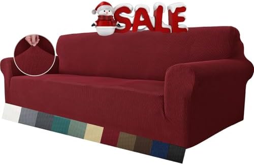 MAXIJIN Super Stretch Couch Cover for 3 Cushion Couch, 1-Piece Universal Sofa Covers Living Room Jacquard Spandex Furniture Protector Dogs Pet Friendly Fitted (Extra Large, Wine Red) by MAXIJIN