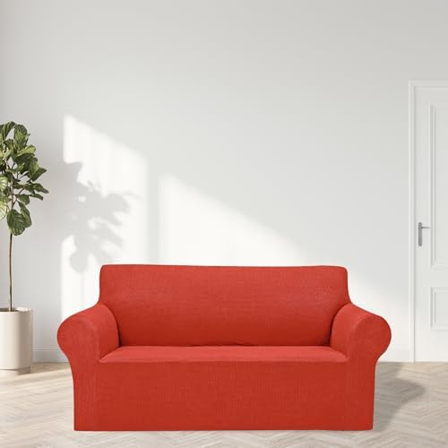 Cupuamon 2026 New Stretch Loveseat Sofa Slipcovers Couch Cover for 2 Cushion Furniture Protector Sofa Covers with Elastic Bottom Jacquard Fabric Small Checks for Pets, Kids - Pureed Pumpkin - Image 3