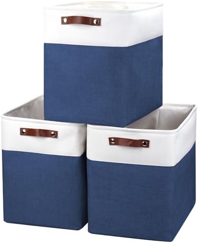 Bagnizer Large Fabric Storage Baskets | 50L Storage Bins, Decorative Linen Closet Baskets with Handles for Organizing, Shelf, Toys, Clothes, Home, Office, Nursery, 17x12x15Inches (Navyblue&White) by Bagnizer