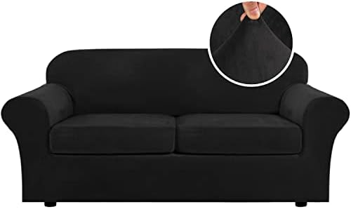 H.VERSAILTEX Real Velvet Plush 3 Piece Stretch Sofa Covers Couch Covers for 2 Cushion Couch Sofa Slipcovers Width Up to 90 Inch Feature Thick Soft Stay in Place (Large Sofa, Black) by HVERSAILTEX