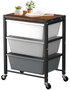 Rolling Cart with 3 Drawers, Plastic Drawer Storage Carts with Lockable Wheels & Wooden Tabletop, Metal Utility Cart Organizer, Office Bedroom Classroom Craft Organization and Storage, Dark Grey by TimeForest
