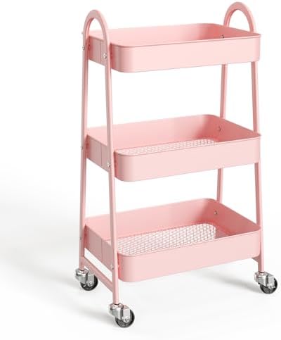 NEWBULIG 3-Tier Metal Rolling Cart with Lockable Wheels, Heavy Duty Mobile Utility Storage Shelf, Roller Book Snack Cart, Organization for Livingroom, Bathroom, Office, Pink by NEWBULIG