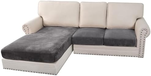 H.VERSAILTEX Velvet Stretch Sectional Couch Covers 3 Pieces Sofa Seat Cushion Covers L Shape Separate Cushion Couch Cover for Both Left/Right Sectional Couch (Large Sofa 2 Seater + 1 Chaise, Grey) by HVERSAILTEX