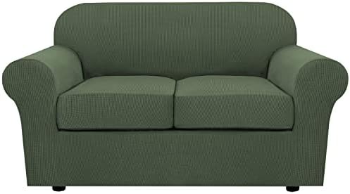 H.VERSAILTEX 3 Piece Stretch Sofa Covers for 2 Cushion Loveseat Couch Covers for Living Room Furniture Cover (Base Cover Plus 2 Seat Cushion Covers) Thicker Jacquard Fabric(Medium, Bronze Green) by HVERSAILTEX