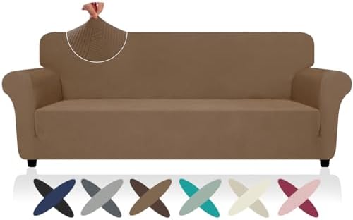 ZNSAYOTX Oversized Super Stretch Couch Cover (92"-115"), New Striped Sofa Covers Comfortable & Durable, Dog Cat Pets Friendly Extra Large Spandex Sofa Slipcovers (Light Coffee, XL Sofa) by ZNSAYOTX