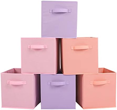Stero Fabric Storage Bins 6 Pack Fun Colored Durable Storage Cubes with Handles Foldable Cube Baskets for Home, Kids Room, Closet and Toys Organization Purple, Pink, peachpuff by Stero