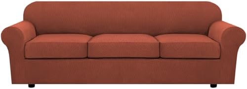 H.VERSAILTEX 4 Piece Stretch Sofa Covers for 3 Cushion Couch Covers Furniture Slipcovers for Living Room (1 Base Cover Plus 3 Seat Cushion Covers) Thicker Jacquard Fabric Cover (XL Sofa, Rust) by HVERSAILTEX