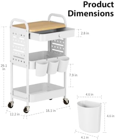 ALVOROG 3 Tier Metal Rolling Cart with Drawer,Wood Top,Pegboards,White - Image 5