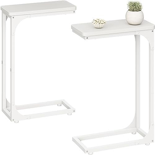 QEEIG Narrow C Shaped Side Table Set of 2 Living Room Sets Slim Couch Tray Tables Skinny Thin Small Modern 7 inch Width, White (017-18WW) by QEEIG