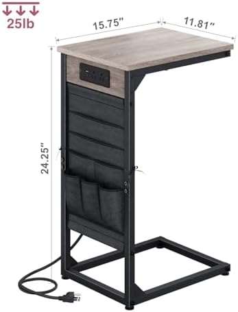 C-Shaped End Tables Set of 2, Small Couch Side Table with Fast-Charging Station, Sofa TV Tray Table with Storage Bag for Living Room, Bedroom, Bedside ET-GY-2 - Image 3