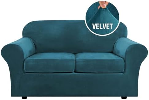 H.VERSAILTEX Real Velvet Plush 3 Piece Stretch Sofa Covers Couch Covers for 2 Cushion Couch Loveseat Covers Width Up to 72 Inch Feature Thick Soft Stay in Place (Medium Sofa, Deep Teal) by HVERSAILTEX