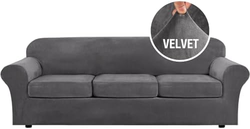 H.VERSAILTEX Velvet 4 Piece High Stretch Sofa Slipcover Cover Furniture Protector Form Fit Luxury Thick Velvet Extra Large Sofa Cover for 3 Cushion Couch Width Up to 105 Inch (XL Sofa, Gray) by HVERSAILTEX