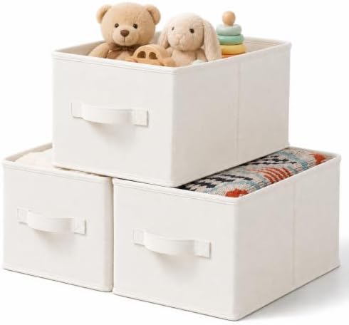 3-Pack Closet Storage Bins, Foldable Fabric Storage Baskets, Beige by LaySpace-YourRoomOrganizer
