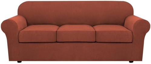 H.VERSAILTEX 4 Piece Stretch Sofa Covers for 3 Cushion Couch Covers for Living Room Furniture Slipcovers (Base Cover Plus 3 Seat Cushion Covers) Upgraded Thicker Jacquard Fabric (Sofa, Rust) by HVERSAILTEX