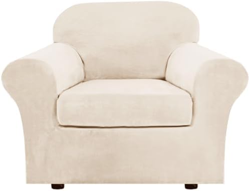 H.VERSAILTEX Rich Velvet Stretch 2 Piece Cover Chair Slipcover Sofa Cover Furniture Protector Couch Soft with Elastic Bottom Couch Cover Width Up to 49 Inch 85% Polyester 15% Spandex (Chair, Cream) by HVERSAILTEX
