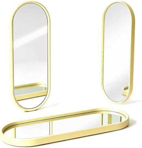 3 pcs Wall Mirrors and Tray Décor Set, Cute Vanity Mirrors with Gold Frame, Bathroom Decor for Bedroom, Entryway, Living Room Farmhouse Decor (12”x4,7”) by XIHACTY