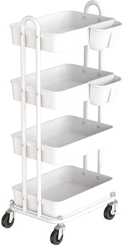 Simple Houseware 4-Tier Rolling Utility Cart with Hanging Bucket, White by SimpleHouseware