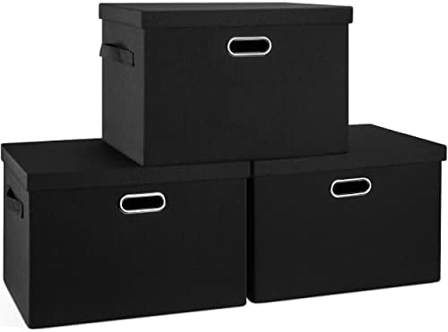 Graciadeco Large 17" 36 Quart Collapsible Stackable Storage Bins with Lids, 3 Packs Black Linen Fabric Closet Boxes with Lids, Storage Cube Baskets Container Organizers for Bedroom Office(17 x12 x11) by GraciadecoStorage