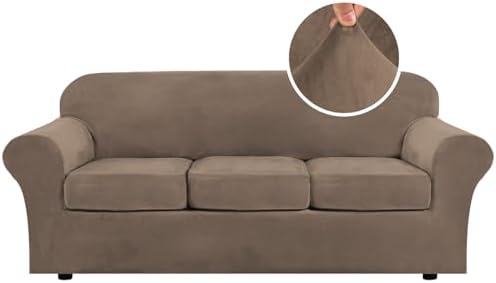 H.VERSAILTEX Modern Velvet Plush 4 Piece High Stretch Sofa Slipcover Sofa Cover Furniture Protector Form Fit Thick Velvet Sofa Cover for 3 Cushion Couch Width Up to 90 Inch (Sofa, Mocha) by HVERSAILTEX
