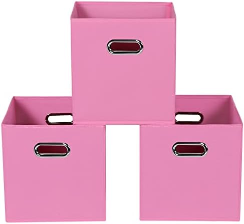 Fabric storage bins Cubes, Fabric Cube Organizer with Handle, Foldable Cube Bins for Cloth or Accessary Storage, 11x11x11, Set of 3, (Pink) by Yunkeeper