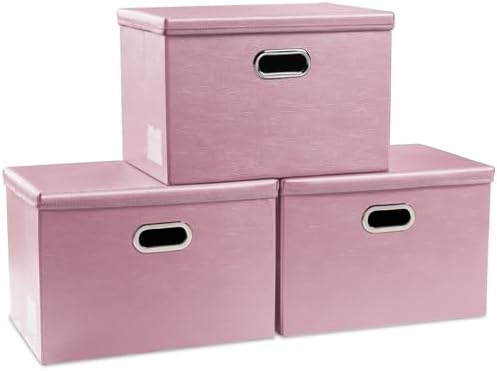 PRANDOM Large Stackable Storage Bins with Lids [3-Pack] Leather Fabric Foldable Storage Boxes Organizer Containers Baskets Cube with Cover for Bedroom Closet Office Nursery Pink (17.7x11.8x11.8) by Prandom