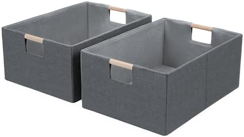 Foldable Fabric Storage Cubes, 2 Packs Cloth Storage Baskets with Wooden Handles, Collapsible Shelf Closet Organizer Bins, Rectangular Storage Boxes for Decor (Gray 2 Pack) by Welcometobuy