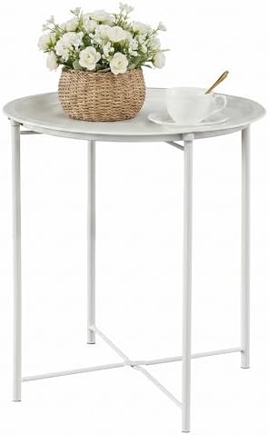 VECELO Side/End Table, Folding Round Metal Anti-Rust and Waterproof Outdoor or Indoor Tray for Living Room Bedroom Balcony and Office, 1 PCS, Beige by VECELO