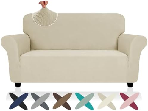 ZNSAYOTX Super Stretch Loveseat Covers (57"-70"), New Striped Love Seat Slipcover, Dogs Pet Friendly Anti-Slip Couch Protector Spandex Durable 2 Seater Fabric Sofa Cover (Khaki, Loveseat) by ZNSAYOTX