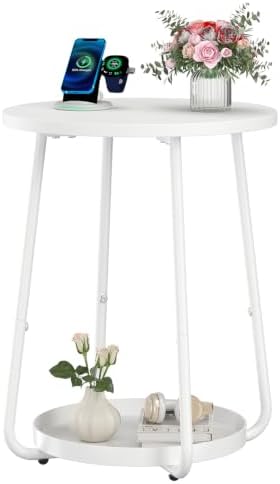 sthmec Small Round Side End Table with Storage, 2 Tier Round Bedside Sofa Couch Coffee Tables with Tray, Metal Nightstand for Small Spaces, Living Room Bedroom, White by Unknown