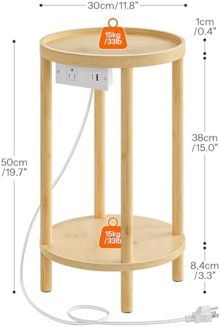 HOOBRO Small Round Side Table with Charging Station, 2-Tier Round Bamboo End Table, Compact Sofa Bedside Table for Small Space, Easy Assembly, for Living Room, Bedroom, Apartment, Natural YL156UBZ01 - Image 3