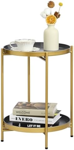 2-Tier Round End Side Table, Small Metal Side Table with Removable Tray, Folding Accent Tables for Living Room, Balcony, Nightstand for Bedroom, Outdoor Tables for Patio, Gold&Grey by MordchilHF