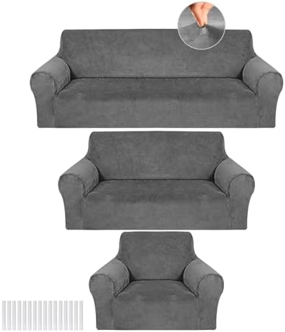 Peryiter 3 Pcs Couch and Loveseat Sofa Covers,Dark Gray,Velvet by Peryiter