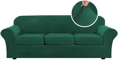 H.VERSAILTEX High Stretch Sofa Slipcover 4 Piece Cover Velvet Furniture Protector Form Fit Thick Velvet Extra Large Sofa Cover for 3 Cushion Couch Width Up to 97 Inch (Large Sofa, Green) by HVERSAILTEX