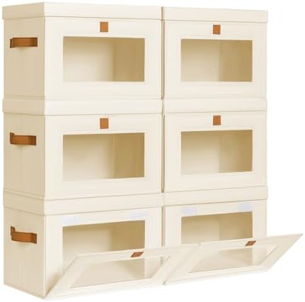 DIMJ Storage Bins with Lids - 6 Pack Front Opening Stackable Fabric Storage Boxes with Clear Window & Handles, Collapsible Closet Organizers for Clothes, Sweaters, Shelf Storage, Bedroom, Beige by DiMJ