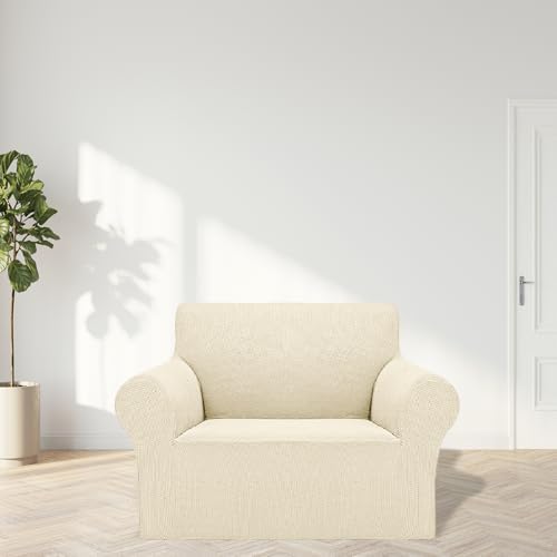 Cupuamon 2026 New Stretch Chair Sofa Slipcovers Couch Cover for 1 Seater Furniture Protector Sofa Covers with Elastic Bottom Jacquard Fabric Small Checks for Pets, Kids - Beige - Image 3