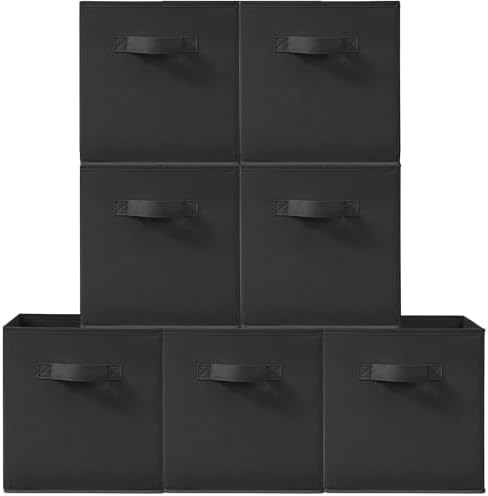 11 Inch Fabric Storage Cubes, Sturdy Foldable Storage Bins, Heavy Duty Cube Organizer for Clothes, Blankets, Shelves, Closets, Bedroom, Living Room, Black, 7 Pack by Unknown