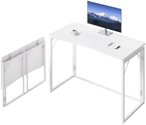 JOYMOOP 40" White Folding Desk, No Assembly, Wooden Top, Middle Size by JOYMOOP
