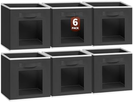Homsorout Cube Storage Bins - Fabric Shelves for Closet Organization, Foldable Storage Bins for Clothes, Decorative Storage Baskets with Window for Home, Set of 6, Black by Homsorout