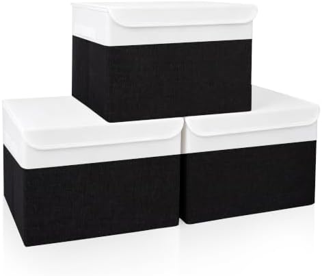 Large 17" 42 Quarts Collapsible Stackable Storage Bins with Lids [3-Pack] Foldable Fabric Linen Storage Boxes Cube, Closet Organizer Baskets with Label for Home (16.7 x 12 x 12", Black & White) by Bagnizer