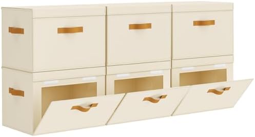 Homsorout Large Storage Bins with Lids - Front Opening Fabric Storage Bins, Flap Closet Organizer with Handles, Collapsible Boxes with Lid, Decorative Basket for Home, Dorm, 6 Pack, Beige by Homsorout
