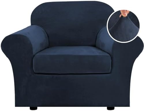 H.VERSAILTEX Rich Velvet Stretch 2 Piece Cover Chair Slipcover Sofa Cover Furniture Protector Couch Soft with Elastic Bottom Chair Couch Cover with Arms Width Up to 49 Inch(Chair,Navy) by HVERSAILTEX